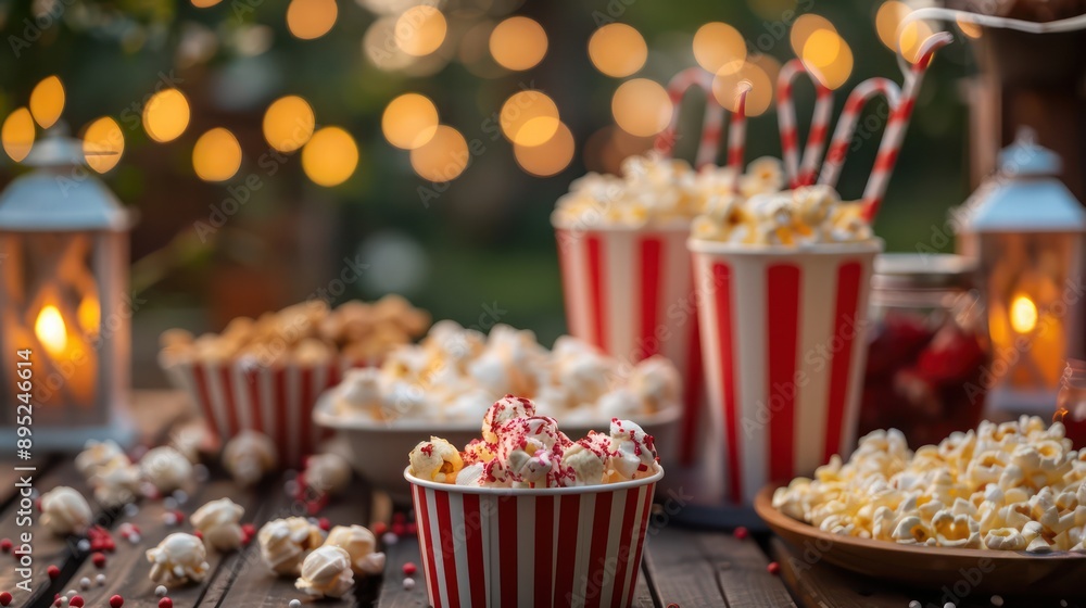 Poster a table with a variety of snacks and drinks, including popcorn and candy, with a festive atmosphere
