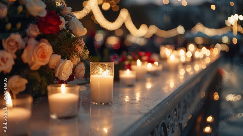 Poster a table with candles and flowers on it. scene is warm and inviting