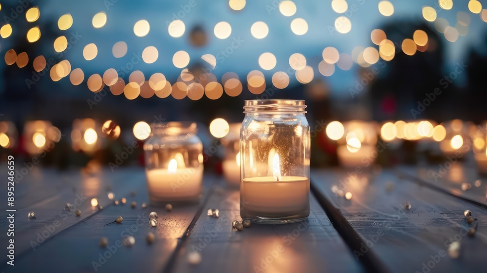 Aufkleber a table with two candles in glass jars and a lot of light shining on them. the candles are lit and t