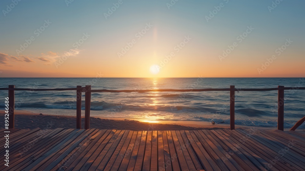 Poster a wooden pier overlooking the ocean with the sun setting in the background. the scene is serene and 