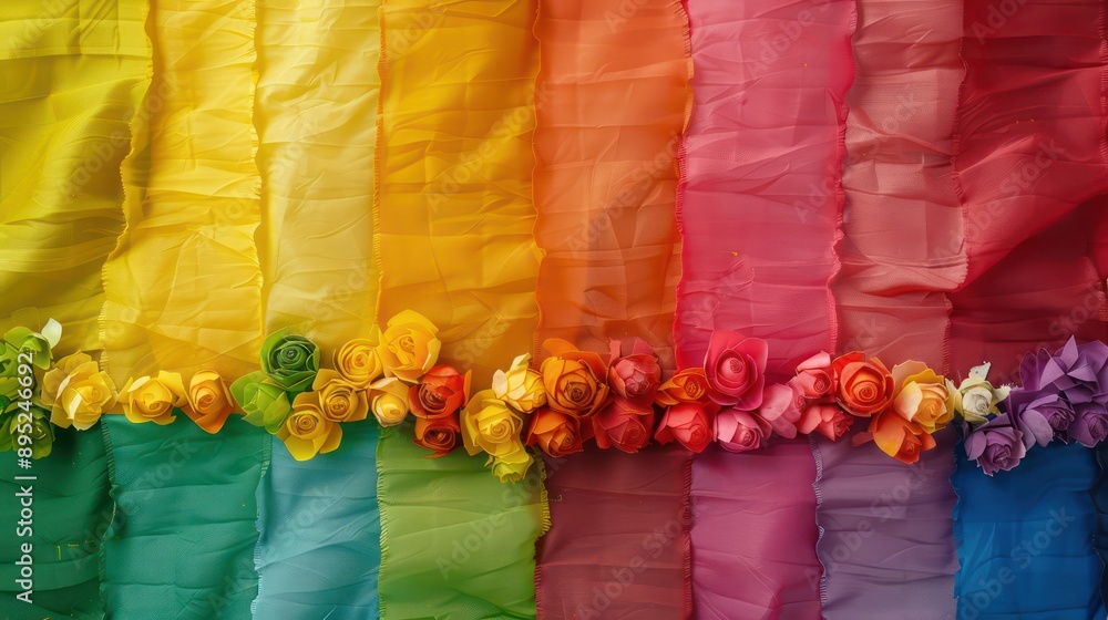 Poster a colorful display of flowers and fabric with a rainbow theme. the colors are vibrant and the arrang