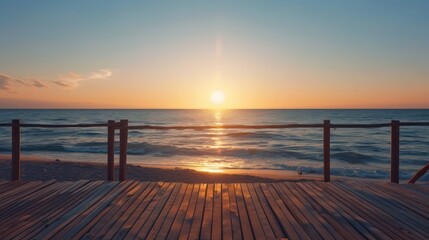 A wooden pier overlooking the ocean with the sun setting in the background. The scene is serene and peaceful, with the sun casting a warm glow on the water and the pier