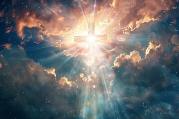 Divine light  cross shaped beams blessing world with spiritual illumination and grace