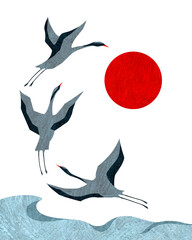 flying cranes and red sun, Japanese style illustration