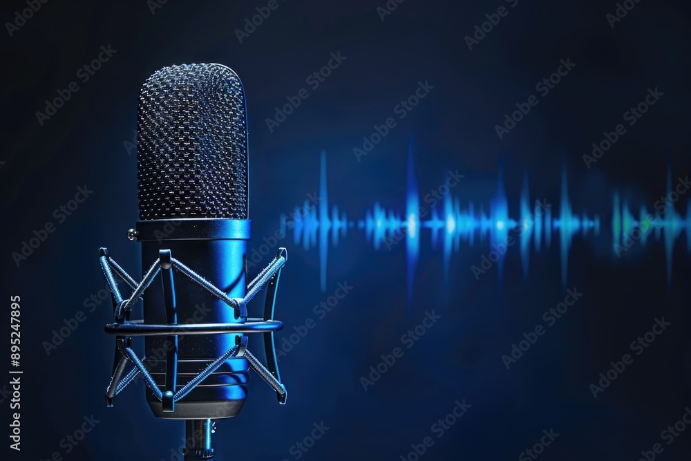 Poster A close-up of a microphone with a sound wave pattern in the background