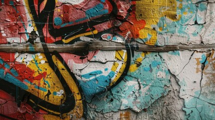 A close-up shot of a graffiti-covered wall with vibrant colors and urban artwork
