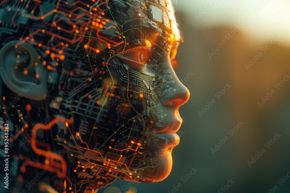 Poster ai and biotech integration human head with circuits symbolizing robot progress and machine learning