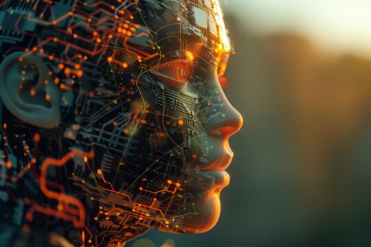 Ai and biotech integration  human head with circuits symbolizing robot progress and machine learning