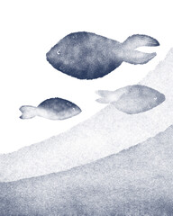 fishes, navy blue art poster minimalist style illustration
