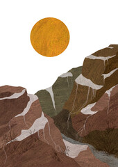 orange sun in the mountains, sunset landscape illustration