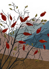 rose hips, mountain berry bush fall landscape