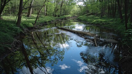 Obraz premium A winding river cutting through the heart of the forest, reflecting the sky like a silver ribbon, with fallen logs creating natural bridges across its surface.
