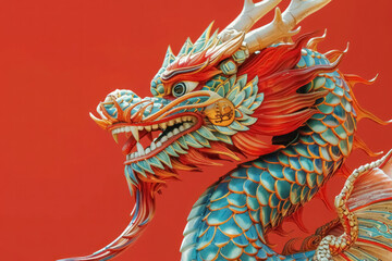 Obraz premium vibrant traditional asian dragon sculpture on red background, mythical creature art for cultural festivals