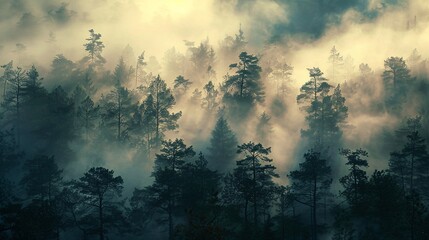 Fototapeta premium A mist-shrouded forest at dawn, with the tops of the trees peeking through the ethereal fog, creating a mystical and enchanting scene.