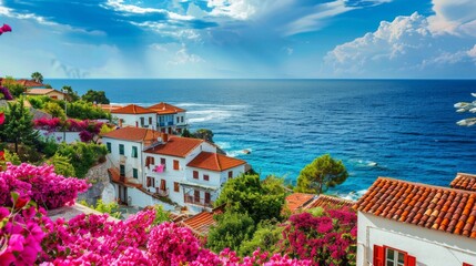 Beautiful coastal village with vibrant flowers and white hillside houses. Perfect for travel inspiration and Mediterranean lifestyle. Stunning colors and serene sea view. AI