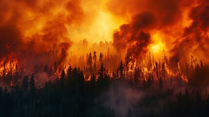 Obraz premium A wildfire raging through a section of the forest, with plumes of smoke billowing skyward and flames licking at the treetops, highlighting the destructive power of nature.