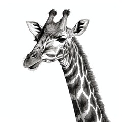 Naklejka premium Black and white Vintage engraved art of a portrait of a giraffe isolated on white background, ink sketch illustration, simple vector art design, highly detailed line art, high contrasty.