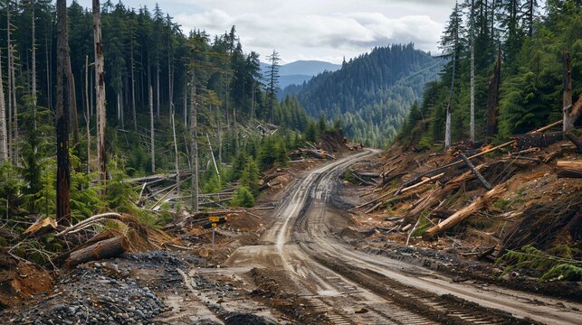 A logging road cutting a stark line through the pristine wilderness, illustrating the impact of human activity on fragile ecosystems, aerial road