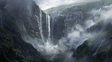 A waterfall cascading down a sheer cliff face, creating a silver ribbon against the dark rock, disappearing into a mist-shrouded valley below.
