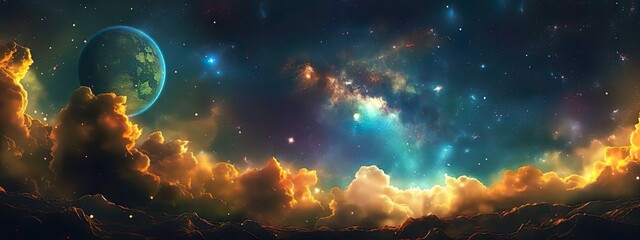 Fototapeta premium A cosmic landscape with colorful nebulae and distant planets