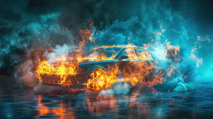 fiery car engulfed in flames with blue smoke background  intense and dramatic vehicle concept