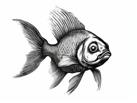 recommend clip art: Black and white Vintage engraved art of a goldfish isolated on white background, ink sketch illustration, simple vector art design, highly detailed line art, high contrasty 