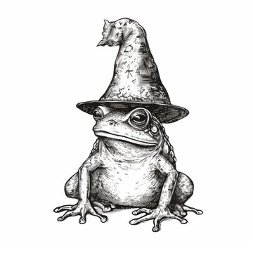 recommend clip art: Black and white Vintage engraved art of a frog with a wizard hat, isolated on white background, ink sketch illustration, simple vector art design, highly detailed line art, high contrasty. 