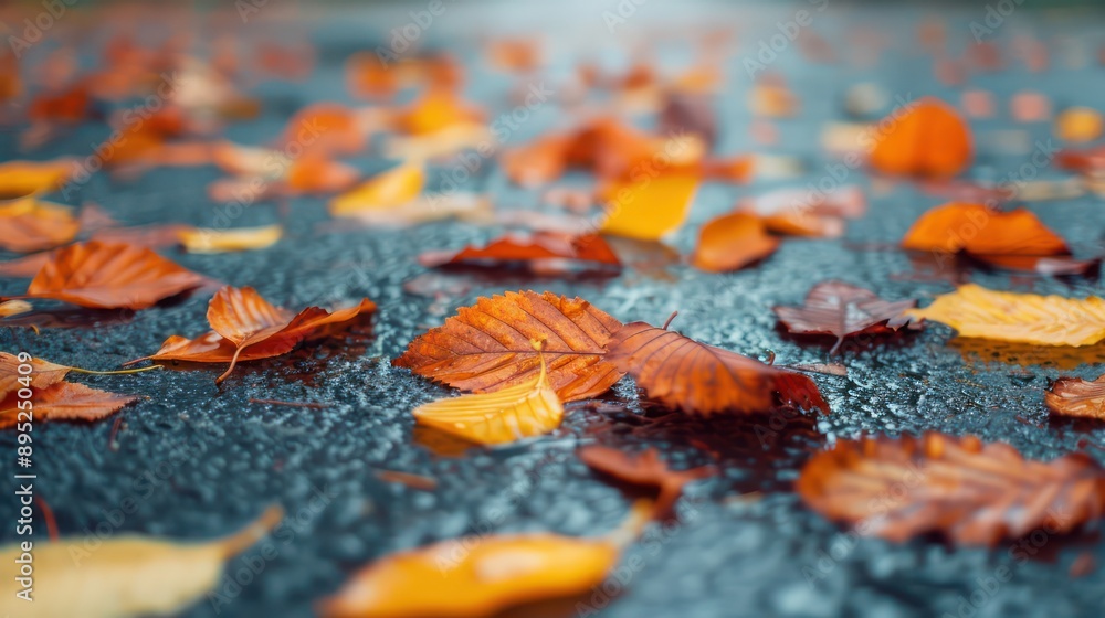Poster a close up of autumn leaves on a wet road. the leaves are scattered across the pavement, creating a 