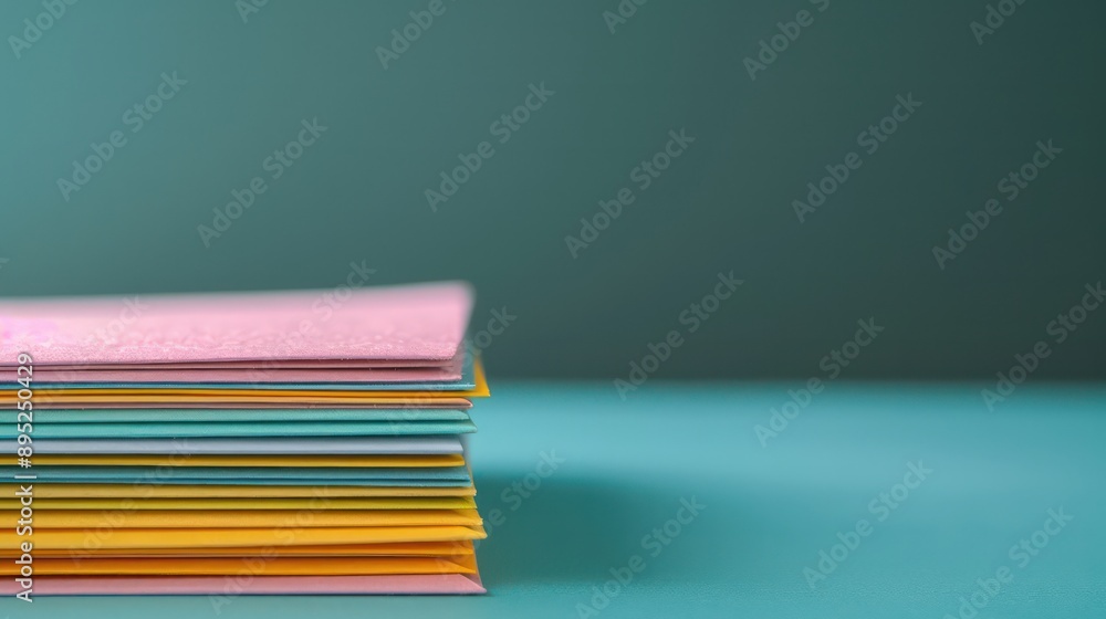 Aufkleber A stack of colorful envelopes on a table. The envelopes are of different colors and sizes, and they are piled on top of each other. Concept of organization and attention to detail