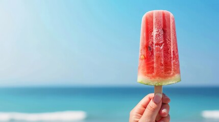 A person holding a watermelon popsicle by the ocean. The popsicle is frozen and has a watermelon slice on top. The ocean in the background creates a relaxing and refreshing atmosphere