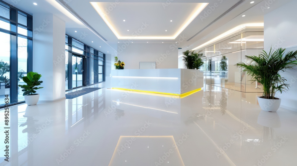 Poster a large, empty lobby with a yellow border. the walls are white and the floor is white. there are pot