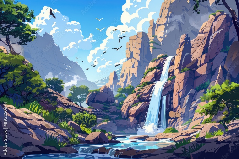 Poster a serene waterfall surrounded by lush greenery and towering trees