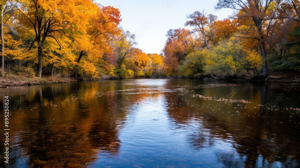 Poster A river with trees on both sides and a reflection of the trees in the water. The water is calm and the trees are in full autumn color