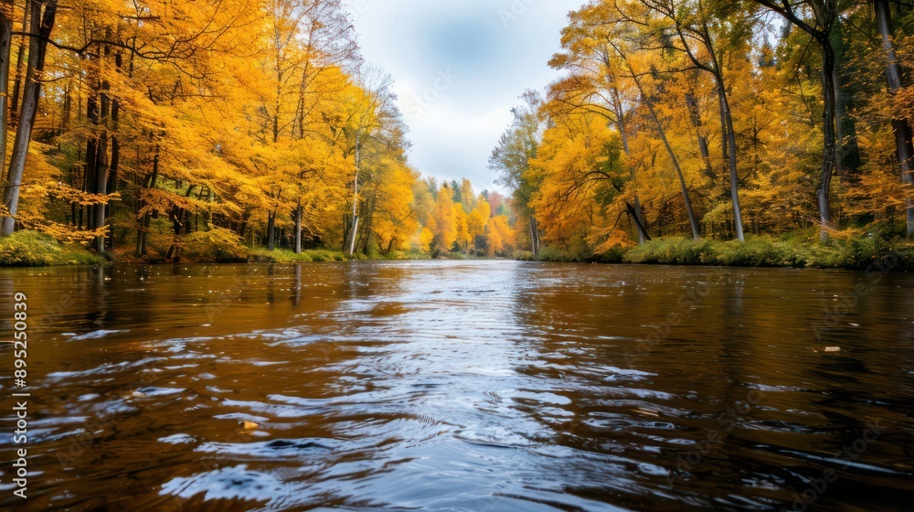 Poster A river with trees on either side. The water is calm and clear. The trees are in full autumn color