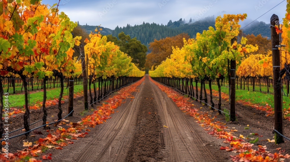 Poster A row of grape vines with leaves that are yellow and orange. The vines are in a field and there is a dirt road in front of them