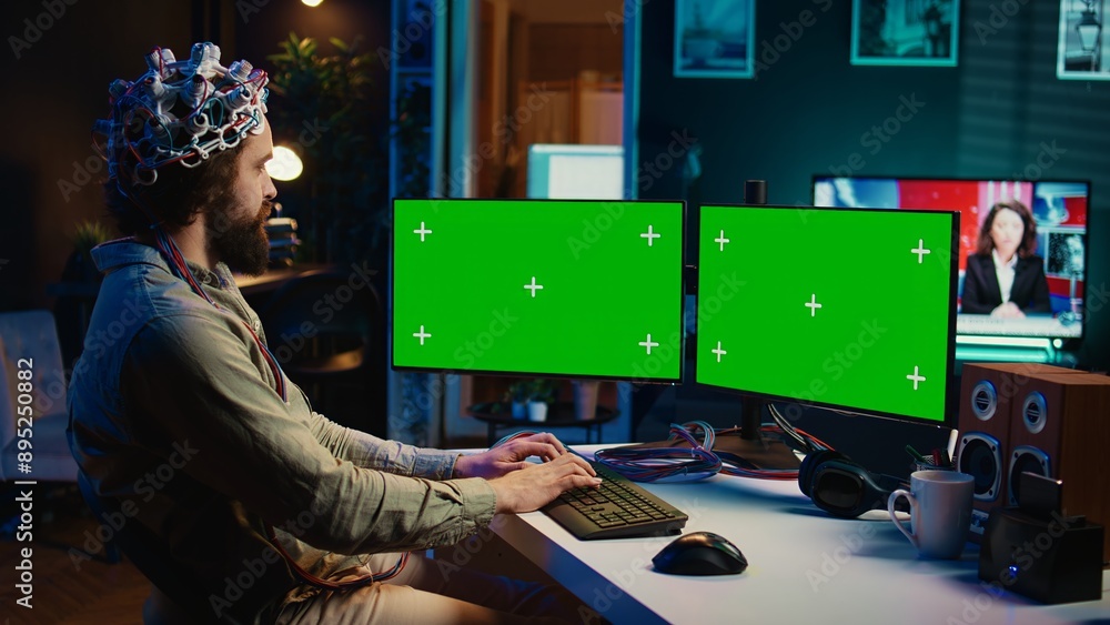 Poster engineer with eeg headset on programming brain transfer into computer virtual world on isolated scre