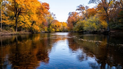 Obraz premium A river with trees on both sides and a reflection of the trees in the water. The water is calm and the trees are in full autumn color