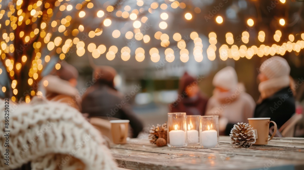 Poster a group of people are sitting around a table with candles and cups of coffee. scene is cozy and inti