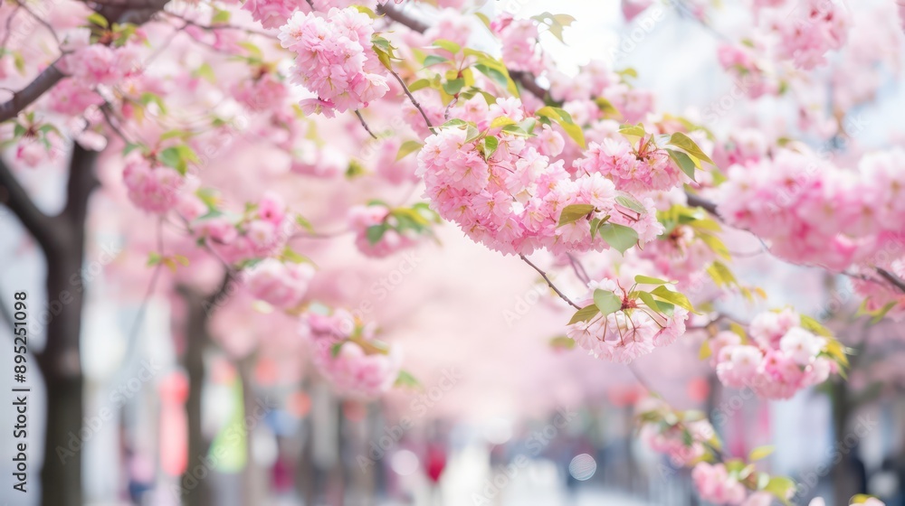 Poster a tree with pink flowers is in the foreground. the tree is surrounded by a sidewalk and a street. th