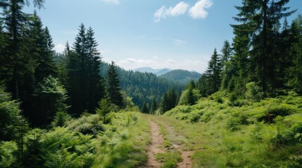 Fototapeta premium A forest with a dirt road leading through it. The road is surrounded by trees and the sky is clear