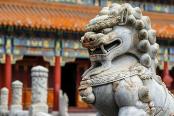 Fototapeta premium Intricate Chinese Guardian Lion Statue in Traditional Architecture