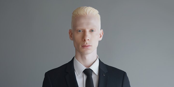 Confident albino man in a business suit looking at the camera with a serious expression against a plain gray studio background, with copy space 