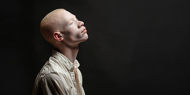 Albino man with closed eyes looking up, dark background, studio lighting, with copy space - Powered by Adobe