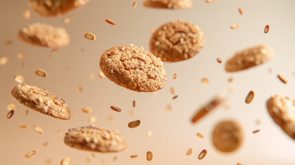 floating oatmeal cookies with scattered oats on warm background