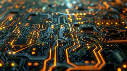 Complex electronic circuit board glowing orange abstract background
