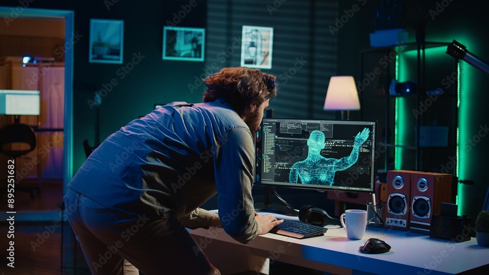 Poster man jumping out of chair from shock after being greeted by sentient ai gaining superintelligence, bo