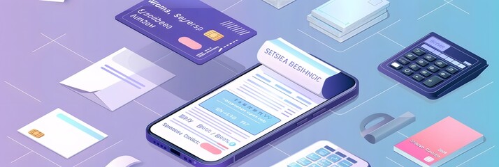 Bill of expenses is on mobile phone.Pay bills with mobile phone.Online shopping spending.Online shopping via smartphone.Bill payment flat isometric vector concept of mobile payment, shopping, banking.