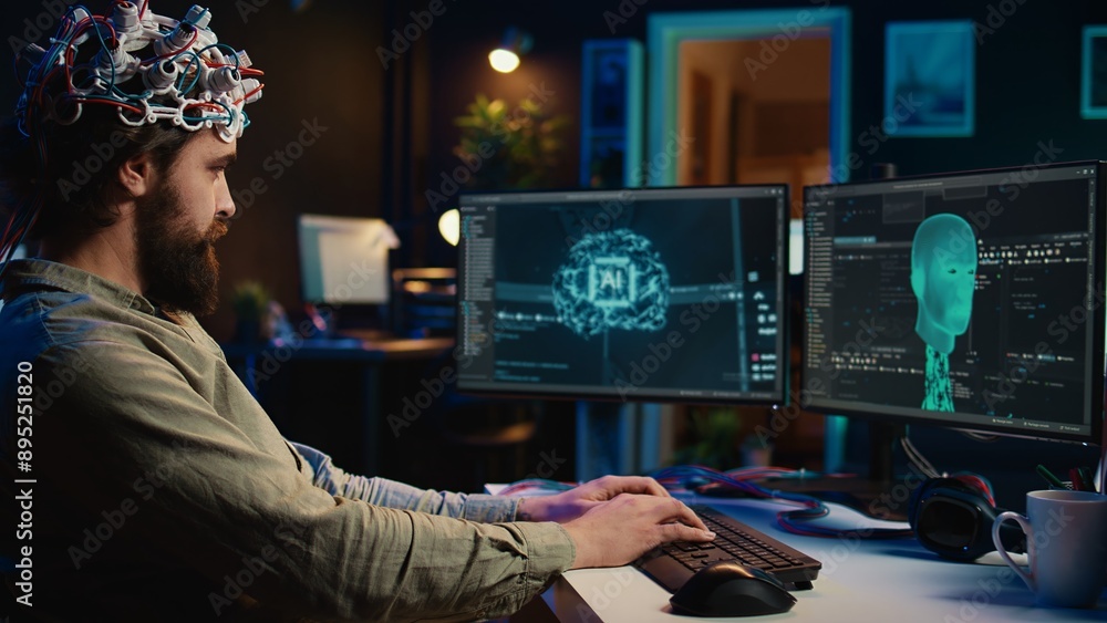Poster developer using eeg headset device to upload his brain into computer, attaining immortality. neurosc