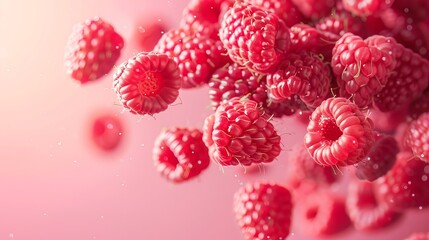 Ripe raspberries are falling on a soft pink background, creating a horizontal line of fresh fruit.