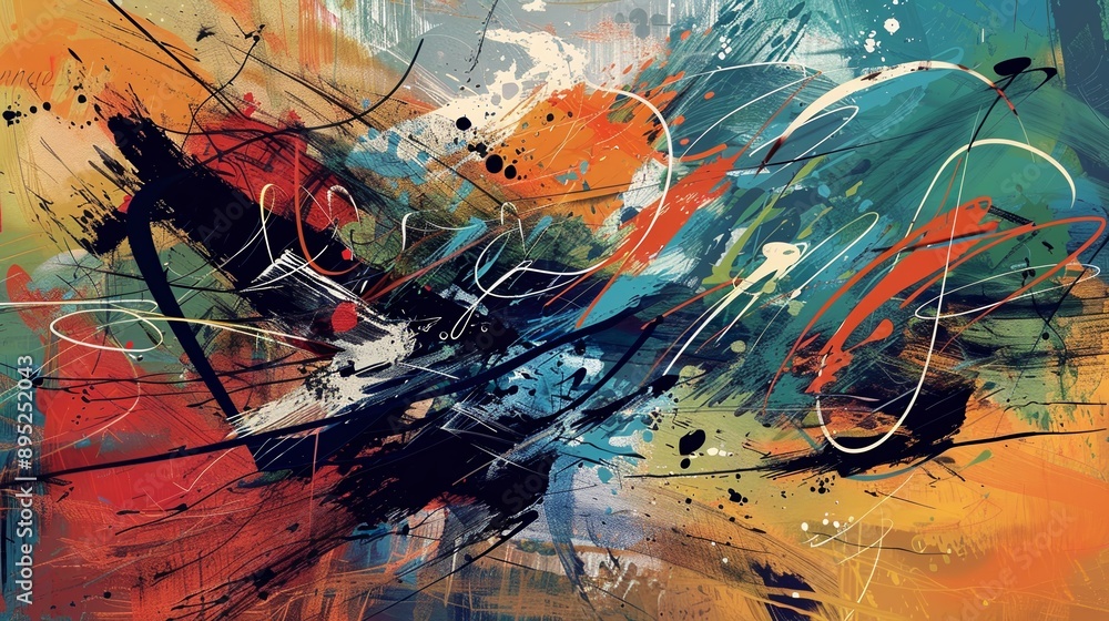 Poster abstract background with brush strokes and scribbles creating dynamic composition